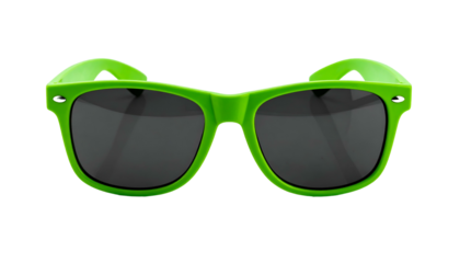 Vivid green sunglasses with dark lenses on a black backdrop