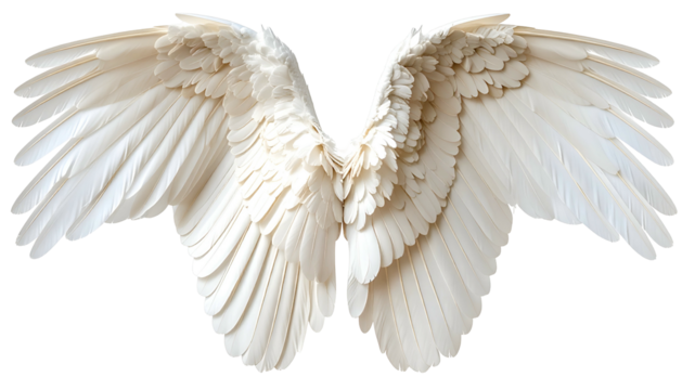 Wide-spread, symmetrical, pristine white feathers, suggesting flight, against a black background