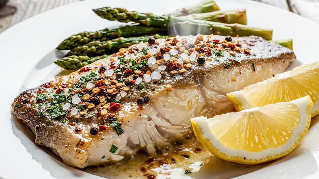 A perfectly cooked fish fillet, still steaming with warmth, is beautifully plated on a pristine white dish. It's generously seasoned with a vibrant mix of fresh herbs like parsley, coarse sea salt fla