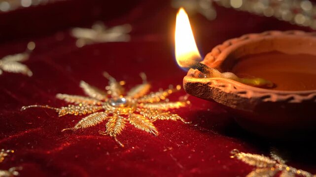 Glowing Clay Diya Oil Lamp for Diwali Festival Celebration.