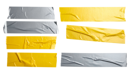 Close-up of various strips of wrinkled metallic grey and yellow adhesive tape on black