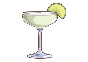 Refreshing margarita cocktail in a coupe glass with a lime wedge garnish on a white background. Food and drink concept