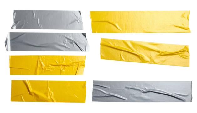 Close-up of various strips of wrinkled metallic grey and yellow adhesive tape on black