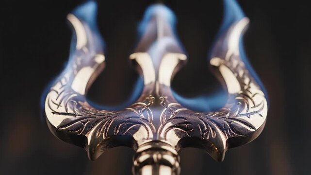 Ornate Golden Trident Engulfed in Mystical Blue Flames.