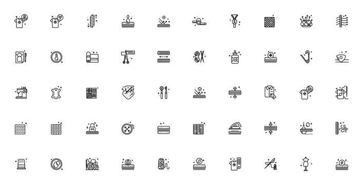Fabrics and Sewing icon set. Vector illustration. Inludes symbols for needle, cissor, zipper, button, thead, fabric, sewing machin, eco, leather, cotton andmore.