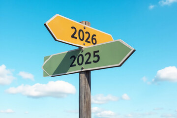 Road signs indicate the path to the new year 2026 and the old year 2025 on a blue sky, creative idea. Choose a new road, concept. Change for the better.