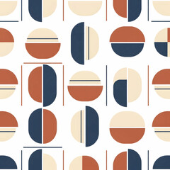 A seamless abstract geometric pattern featuring circles and half-circles in a modern design with muted tones of dark blue, terracotta, and cream.