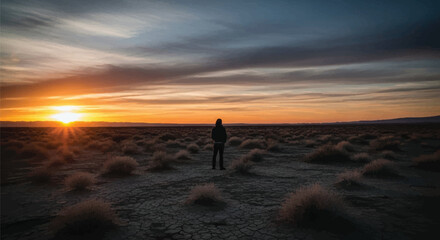 Fototapeta premium Lone Figure Gazing at Sunrise Over Barren Landscape, Embracing Tranquility and Endless Horizons