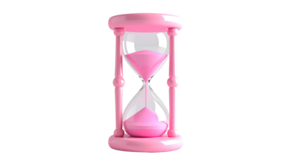 A glossy pink hourglass, the sand slowly falling from top to bottom on a black background
