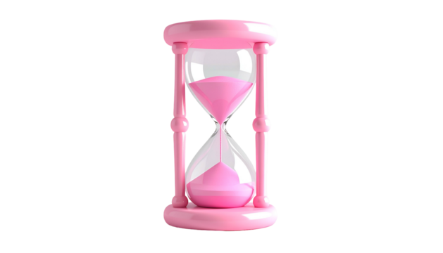 A glossy pink hourglass, the sand slowly falling from top to bottom on a black background