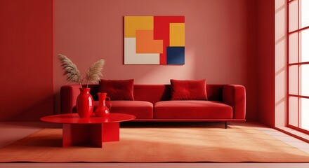 Vibrant Red Living Room Interior with Modern Sofa and Minimalist Decor
