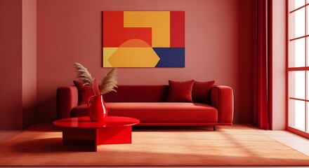 Vibrant Red Living Room Interior with Modern Sofa and Minimalist Decor