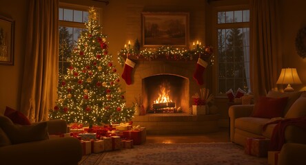 Traditional holiday home interior with a glowing Christmas tree, beautifully wrapped presents, and stockings by the warm fireplace