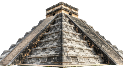 A sunlit ancient pyramid with visible steps, built with stone, standing against a black background