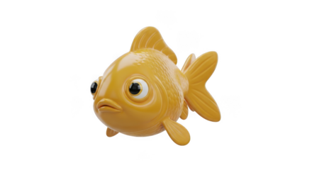 A sad cartoon goldfish character with big eyes against a black background
