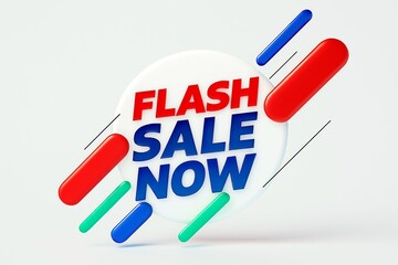 Dynamic flash sale now announcement with bold 3d typography and colorful geometric shapes