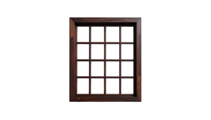 A wooden, gridded window against a black background, with the wood grain visible