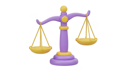 Stylized 3d purple and yellow balance scale against a black background