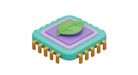 Stylized green leaf rests on a colorful layered microchip icon