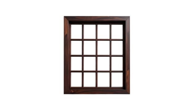 A wooden, gridded window against a black background, with the wood grain visible