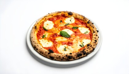A freshly baked Neapolitan style Margherita pizza with a bubbly, charred crust, rich tomato sauce, creamy mozzarella cheese, and a sprig of fresh basil, isolated on a clean white background