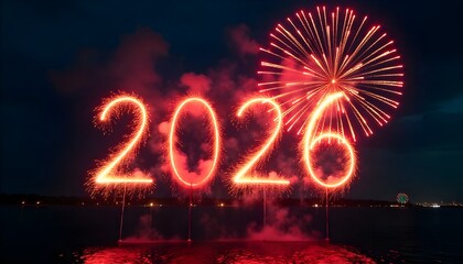 Glowing 2026 fireworks illuminating the dark night sky, symbolizing New Year celebration and festive excitement
