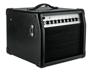 A black, boxy amplifier with knobs, mesh speaker, and a handle on top