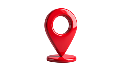 A glossy red location marker, on black background, indicating point of interest