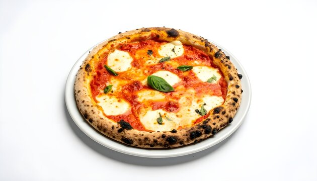 A freshly baked Neapolitan style Margherita pizza with a bubbly, charred crust, rich tomato sauce, creamy mozzarella cheese, and a sprig of fresh basil, isolated on a clean white background