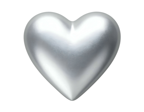 A 3D rendered, smooth, silver heart against a stark black background