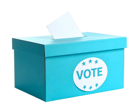A light blue rectangular ballot box with a white "VOTE" sticker, white slip inside