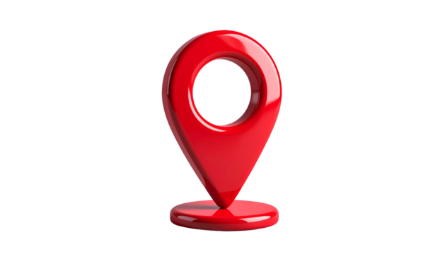 A glossy red location marker, on black background, indicating point of interest