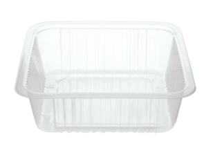 A clear, square, ribbed plastic food container sits on a black background