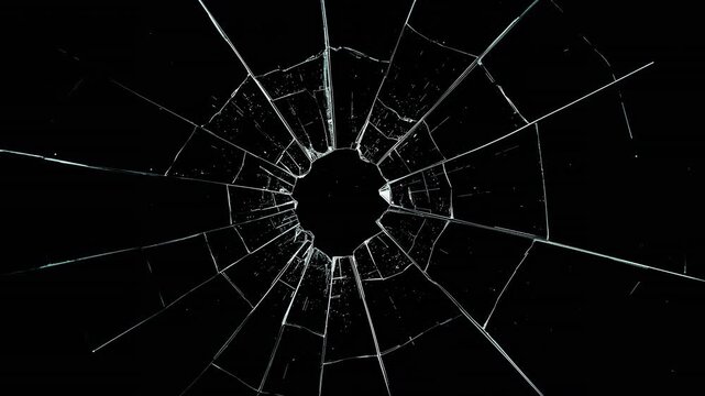 Breaking glass motion graphics. Cracked glass fracture effect Black background, Realistic Glass impact crack with detailed fractures on a black background. 
Glass Shattered and Breaks by Bullet Hit,