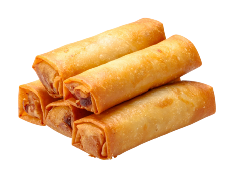 Stack of golden-brown, crispy fried rolls, isolated on a solid black background