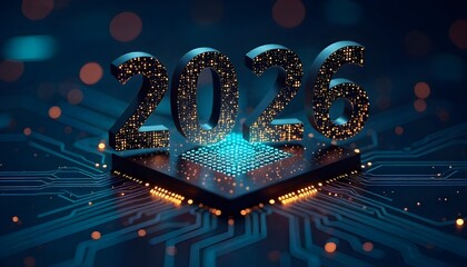 Year 2026 designed with a circuit board pattern standing on a futuristic microchip motherboard, perfect for new year