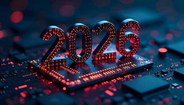 Year 2026 designed with a circuit board pattern standing on a futuristic microchip motherboard, perfect for new year - Powered by Adobe