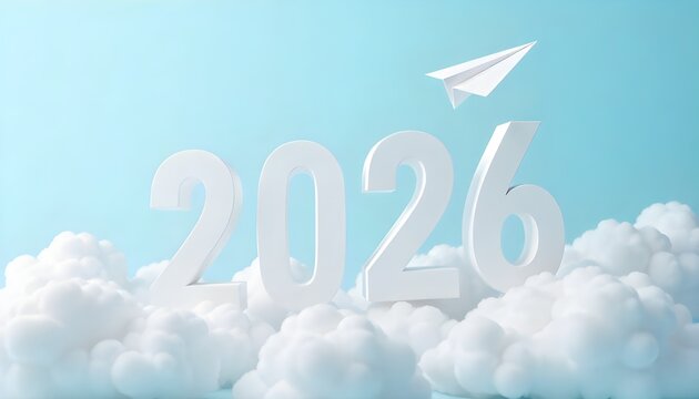 Minimalist 3D rendering of white 2026 numbers floating above fluffy clouds with a paper airplane in a soft blue sky, perfect for new year