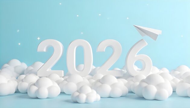Minimalist 3D rendering of white 2026 numbers floating above fluffy clouds with a paper airplane in a soft blue sky, perfect for new year