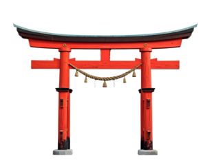 Vibrant red gateway arch with rope, bells, & snow on top. Isolated on black