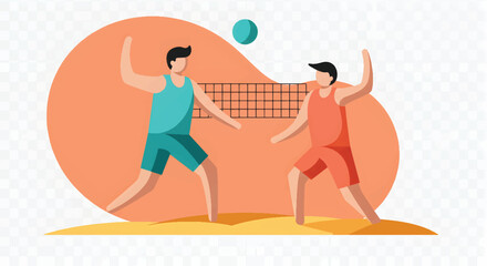 Beach volleyball players in action ready to spike the ball over the net.