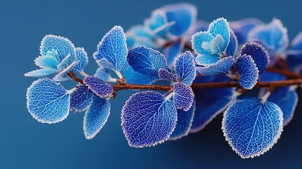 Fototapeta premium Midnight-blue foliage flat lay: matte aesthetic background with copy space, perfect for skincare KV, fragrance poster, phone wallpaper, social still-life template