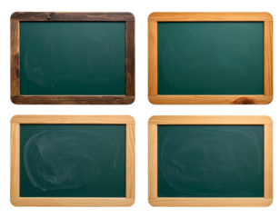 Four wooden framed chalkboard slates, each with a different wood stain