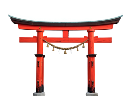 Vibrant red gateway arch with rope, bells, & snow on top. Isolated on black