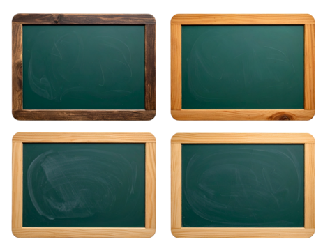 Four wooden framed chalkboard slates, each with a different wood stain