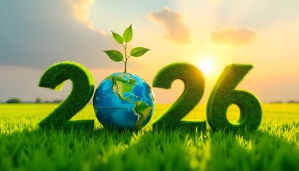 Vibrant green 2026 numbers made of grass on a lush field at sunrise, with a small tree growing atop a globe resting on the numbers, perfect for new year