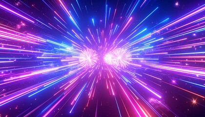 Vibrant pink and blue neon light trails exploding outwards in a dark starry expanse abstract