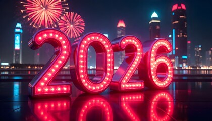 Modern 2026 neon light numbers glowing in futuristic cityscape, metallic reflections and fireworks in the sky, new year party background