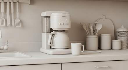 Monochrome Clay Style Coffee Maker Appliance Mockup on Kitchen Countertop, Front Angle