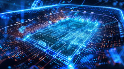 Holographic soccer field with glowing blue grid lines and digital data streams representing advanced virtual sports technology simulation.